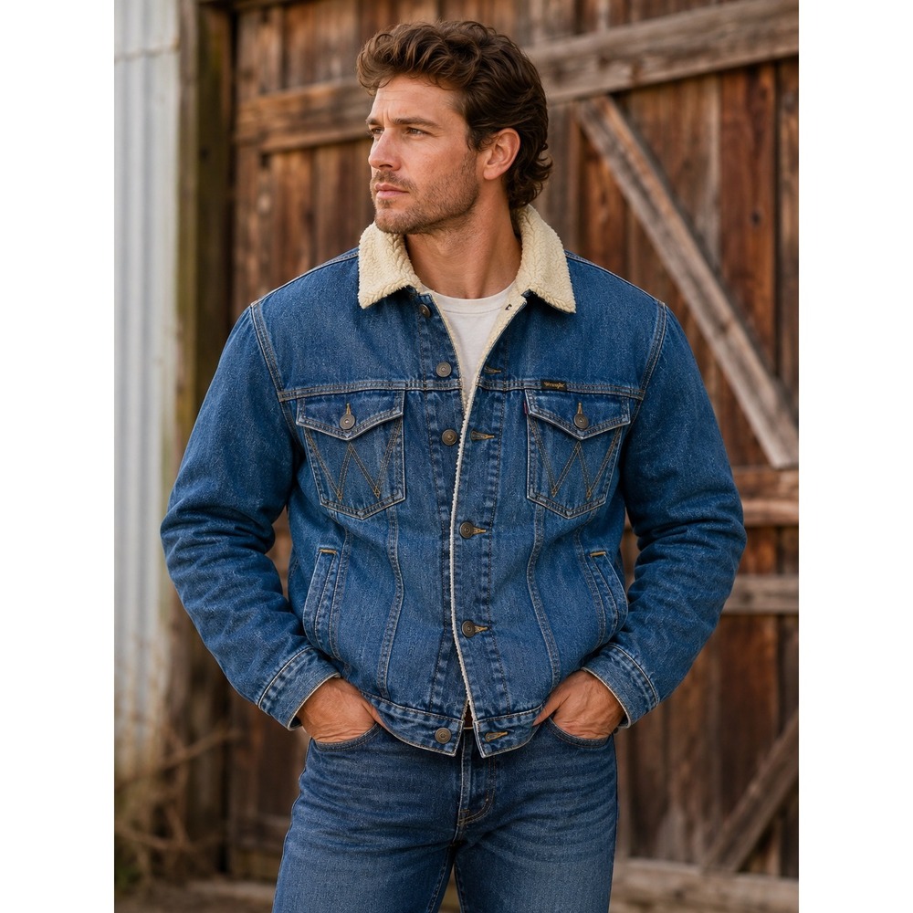 Wrangler Mens Med Sherpa Lined Denim Jacket Blue Trucker Western Cowboy Workwear